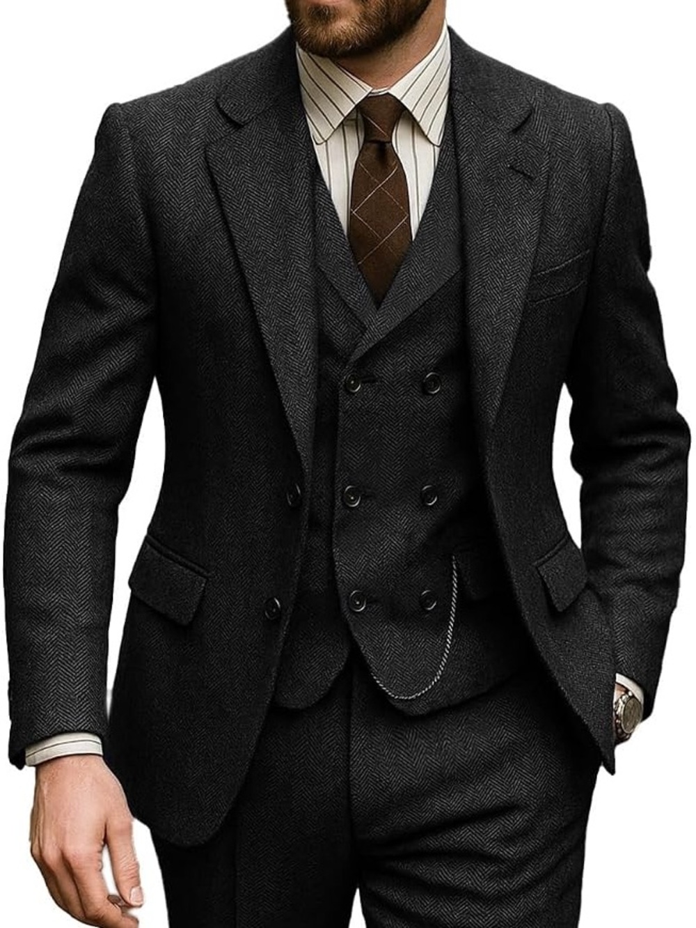 Men's Charcoal Herringbone Three-Piece Suit - Classic Tailored Fit